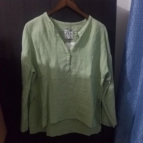 NWT 100% LINEN SAGE Pastel GREEN SLIT BLOUSE - Picture 6 of 7